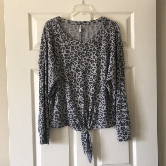Z SUPPLY Waffle Knit Animal Print Tie Front Top (Grey) - Picture 1 of 11